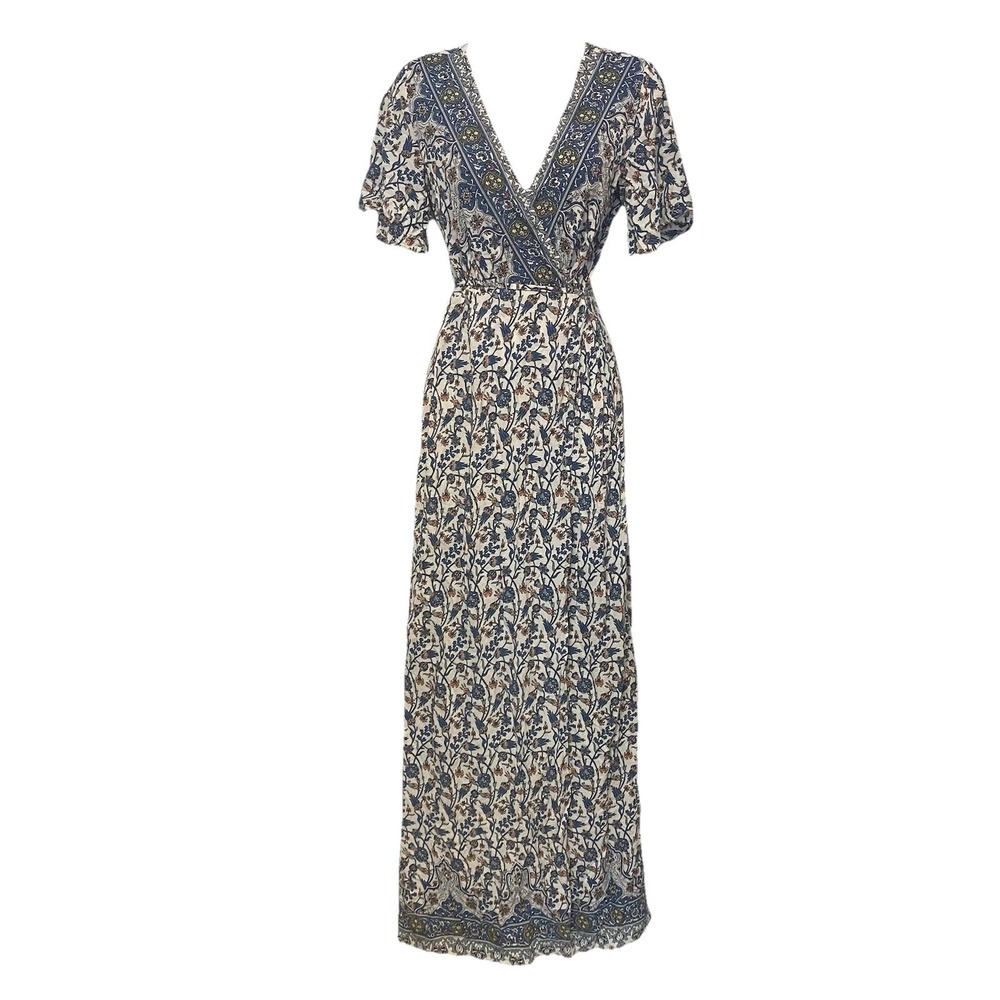 Lulus French Doors Yvory Blue Floral Print Wrap Maxi Dress M Coastal Cottagecore